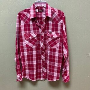Wrangler Red and White Plaid Casual Shirt 1970s pearl snaps